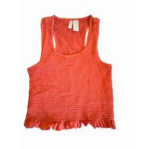 coral blouse sleeveless ruffle trim ruched pintuck coral racerback top Small